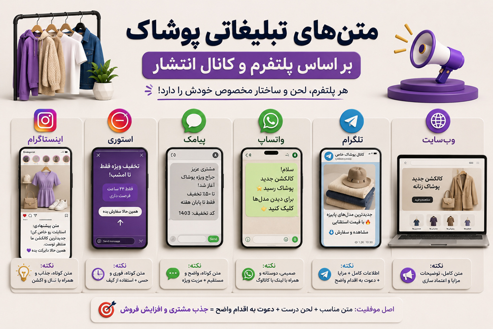 متن‌های تبلیغاتی پوشاک بر اساس پلتفرم و کانال انتشار