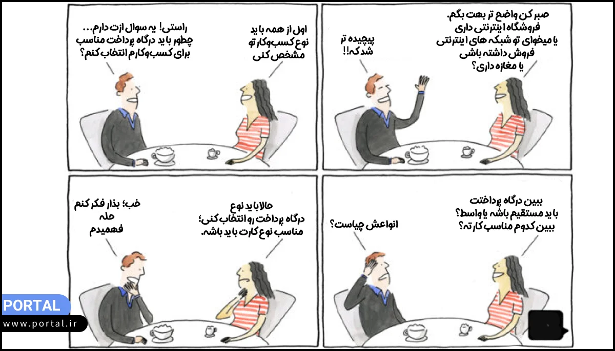 صحبت درباره انتخاب درگاه مناسب برای کسب و کار- کاریکاتور