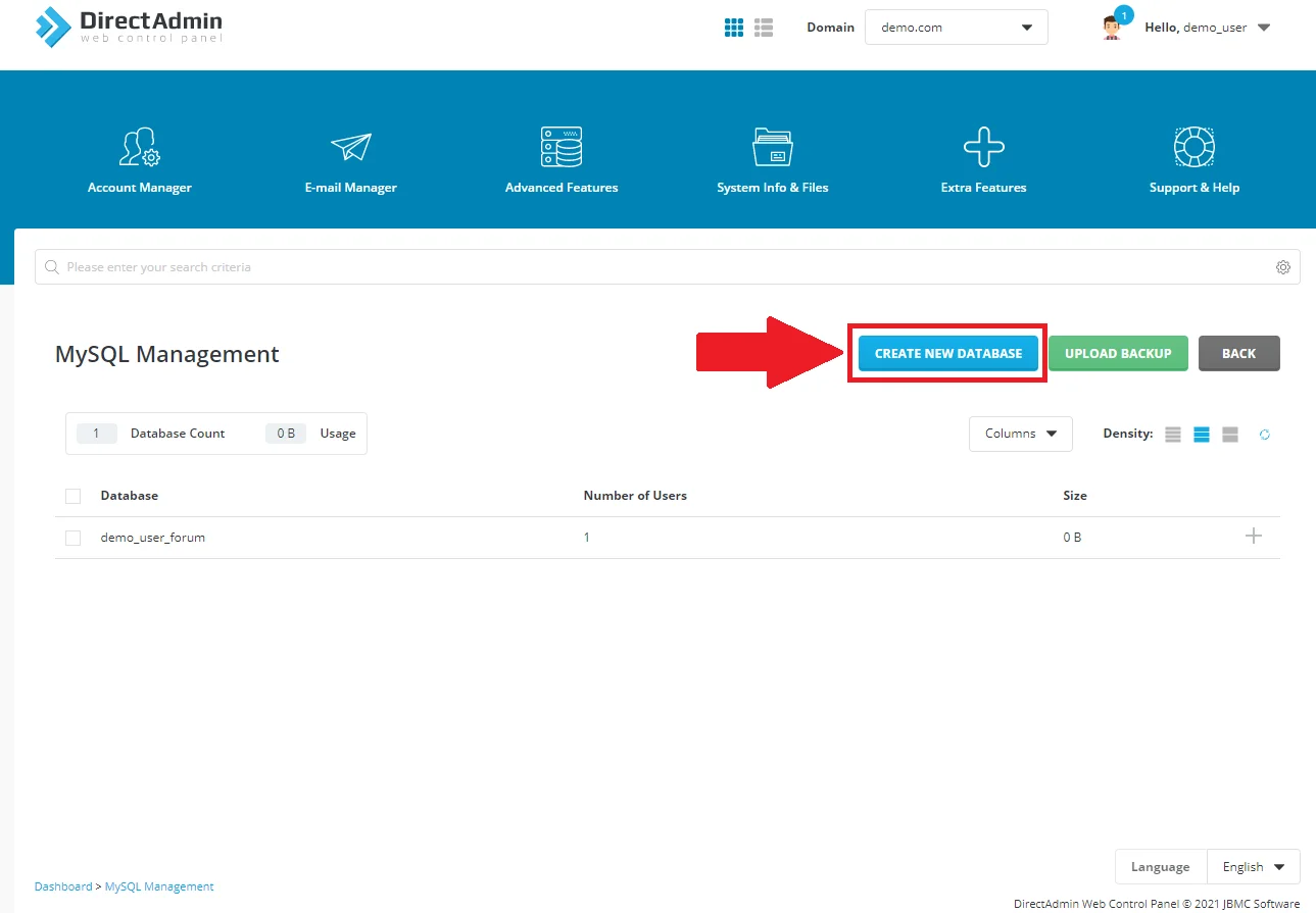 دیتابیس سایت در دایرکت ادمین