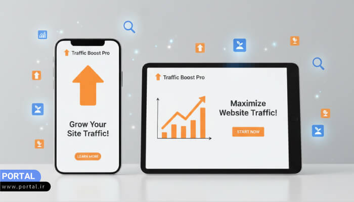 قطعات پازل که صفحات وب و تبلیغات نمایشی مختلف را نشان میدهند و در نهایت یک تصویر بزرگتر از موفقیت ترافیک میسازند.