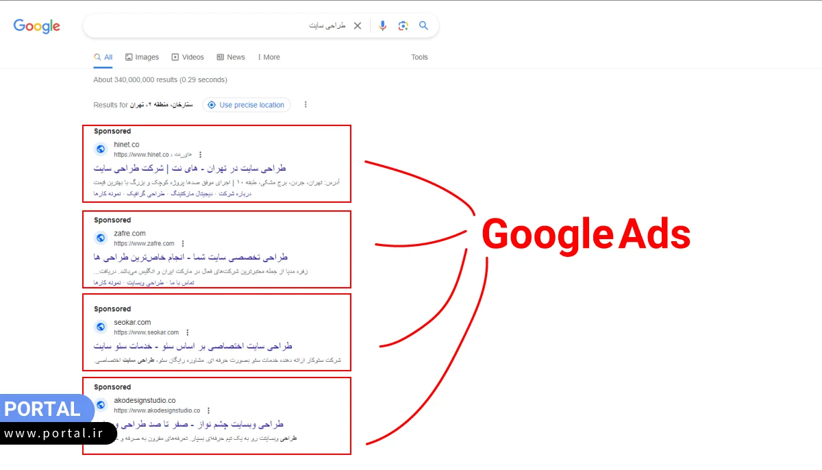 نمونه تبلیغات سایتها در گوگل
