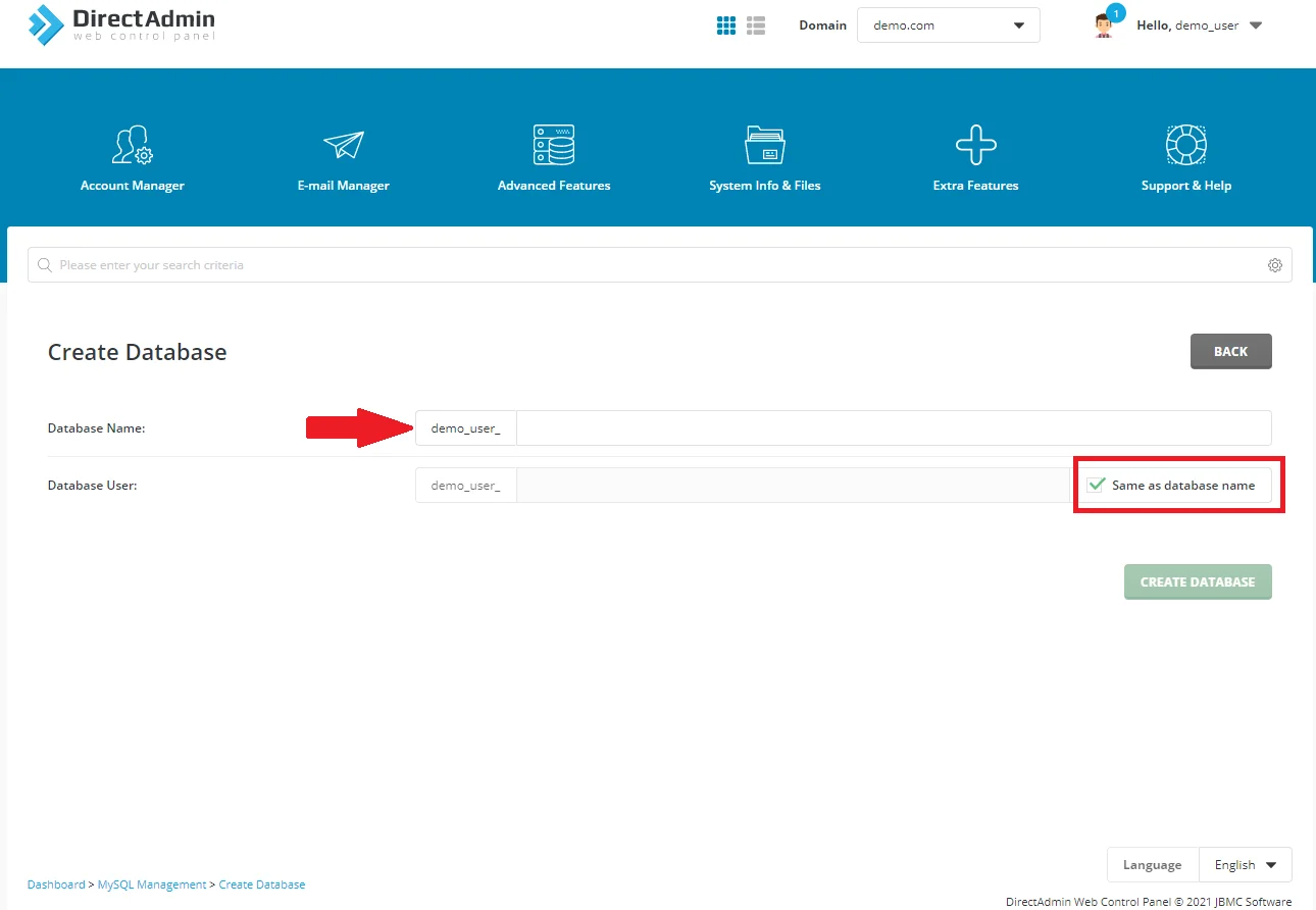 نام پایگاه داده در دایرکت ادمین