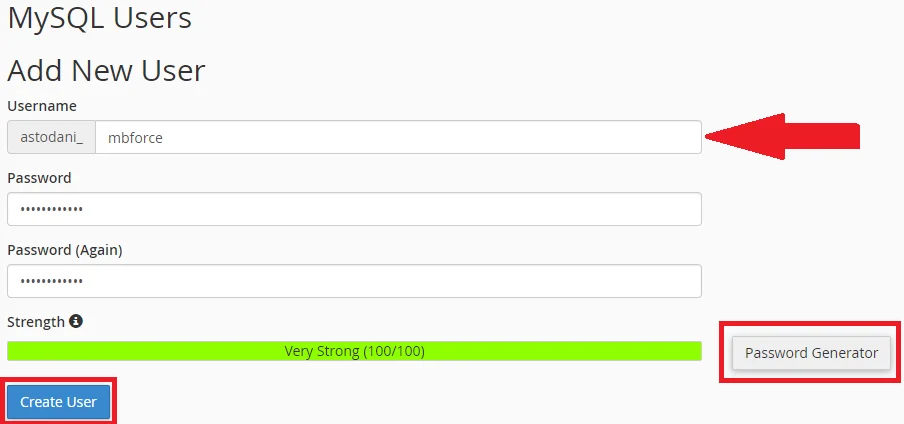 ساخت کاربر دیتابیس در سی پنل